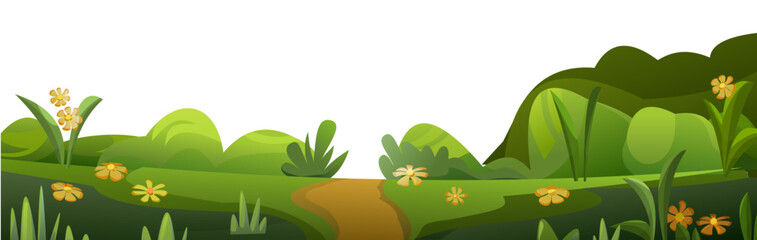 Wall Mural - summer meadow and path. scenery landscape. fun cartoon style. vector
