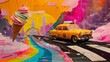 Colorful wallpaper with picture of yellow taxi and ice cream. Eclectic torn paper collage.