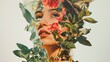 Amazing portrait of beautiful girl with leaves and flowers. Eclectic ripped paper collage.