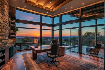 Wall Mural - luxury home office, large windows and beautiful sunset