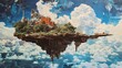 Flying island floating in the clouds. Surreal collage with torn paper.