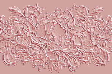  Floral beautiful emboss 3d pink border pattern. Vector embossed vintage background. Emboss plants backdrop. Surface relief 3d very elaborate blossom flowers leaves textured borders ornament. Element