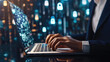 Close up of businessman hands typing on laptop keyboard in dark office with double exposure of padlock and binary code. Concept of cyber security