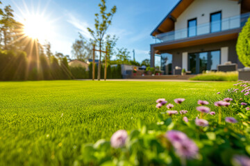 Wall Mural - Perfect manicured lawn and flowerbed with shrubs in sunshine, on a backdrop of residential house backyard.