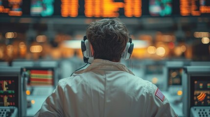 Poster - Engineer with headset in a launch control room, staring at screens a launch that about to happen, stress is palpable. Generative AI.