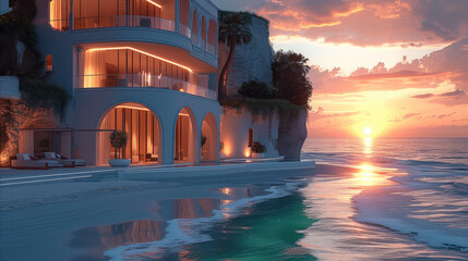 Wall Mural - A villa on the beach during a sunset, luxury home. Generative AI.