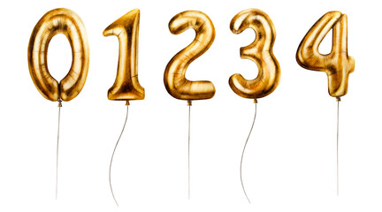 Watercolor set of golden foil balloons digits 0-4. Hand drawn birthday party numbers zero, one, two, three, four on strings for decoration isolated on white background. Shiny elemen