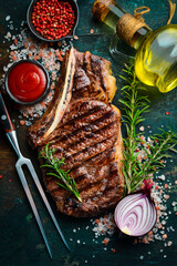 Wall Mural - Aged Beef Steak with sea salt and spices. Top view.