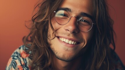 Wall Mural - A young man with long hair and glasses smiling warmly at the camera.