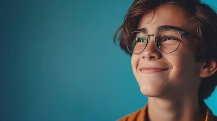 Wall Mural - Young boy with glasses looking up with a smile.