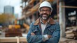 A contractor in construction smiles confidently. He is standing with his arms folded in front of a building in construction. Generative AI.