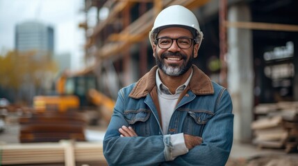 Fototapete - A contractor in construction smiles confidently. He is standing with his arms folded in front of a building in construction. Generative AI.