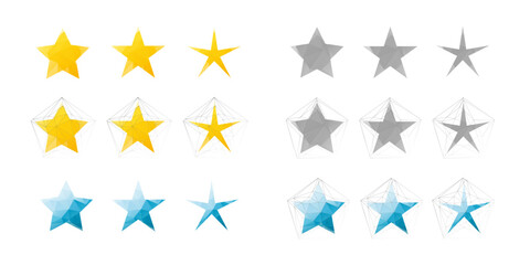 Stars, a group of low poly icons in the shape of different stars in grey, blue and yellow. Set of colorful vector pictograms