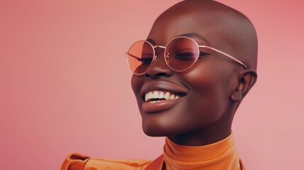 Wall Mural - A smiling person with a bald head wearing round rose-tinted sunglasses and an orange turtleneck set against a soft pink background.