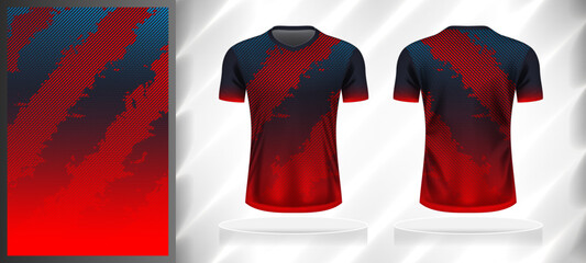 Sticker - Vector sport pattern design template for V-neck T-shirt front and back with short sleeve view mockup. Dark and light shades of blue-red color gradient abstract grunge texture background illustration.