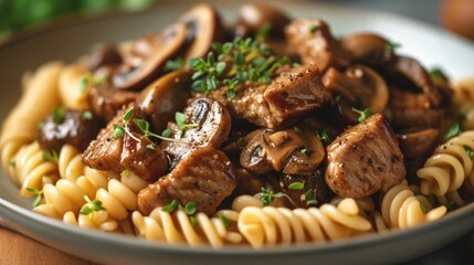 Poster - A veal scallopini with mushrooms and spiral pasta, presented beautifully in a bowl. Generative AI.