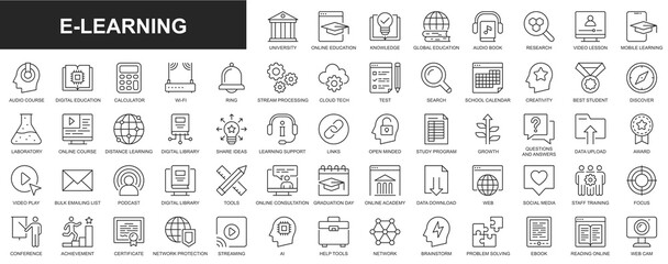 Poster - E-learning web icons set in thin line design. Pack of university, online education, knowledge, global, audio book, video lesson, course, cloud processing, test, other. Outline stroke pictograms