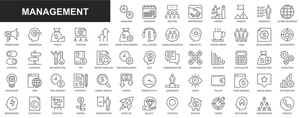 Poster - Management web icons set in thin line design. Pack of meeting, partnership, career, mission, global business, promotion, experiment, profit, staff productivity, other. Outline stroke pictograms
