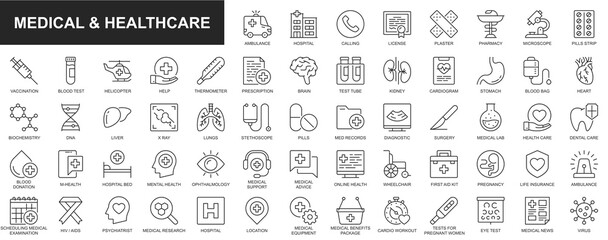 Poster - Medical and healthcare web icons set in thin line design. Pack of ambulance, hospital, calling, license, pharmacy, microscope, vaccination, help, health care, other. Outline stroke pictograms