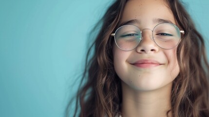 a young girl with long brown hair wearing round glasses smiling with her eyes closed against a light