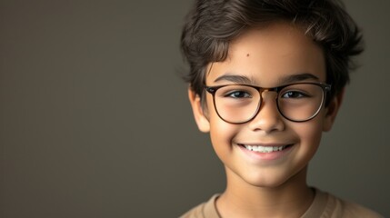 Poster - Young boy with glasses smiling against a neutral background.