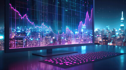 Aufkleber - Chart, trading, space in the background with turquoise purple and light blue colors. Generative AI.