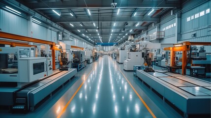 Fototapete - Aluminum machining factory, illuminated and with machining centers. Generative AI.