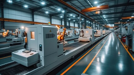Poster - Aluminum machining factory, illuminated and with machining centers. Generative AI.