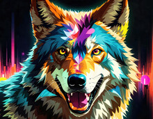 The Image Features A Digital Painting Of A Wolf With A Black Background. The Wolf Has A Sharp, Pointed Snout And Sharp Teeth. It Has Piercing Yellow Eyes And Long, Pointed Ears. The Wolf's Fur Is Mult