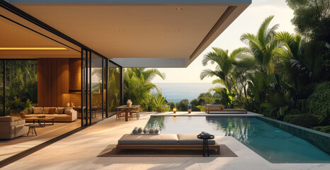 Aufkleber - Big and tall minimalist aluminum sliding door in a luxurious minimalist living room over looking tropical garden and swimming pool with outdoor furniture. Generative AI.