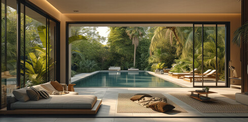Poster - Big and tall minimalist aluminum sliding door in a luxurious minimalist living room over looking tropical garden and swimming pool with outdoor furniture. Generative AI.