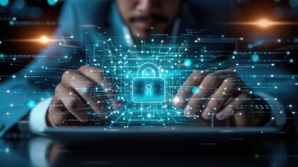 Aufkleber - Businessman using tablet computer with digital padlock on internet technology networking and data management, Cyber security network, Data protection concept. Generative AI.