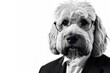 Funny dog in suit and glasses in black and white photography 
