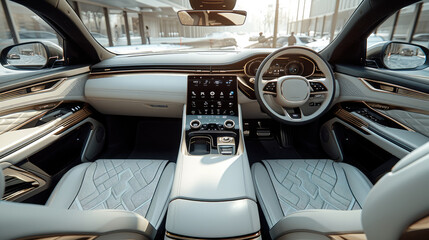 Aufkleber - A luxury SUV interior, advanced, future, large area soft bag material. Generative AI.