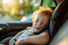 a child sleeps in a child safety seat in a car