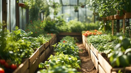 Wall Mural - A vegetable garden in the greenhouse, summertime vibes. Generative AI.