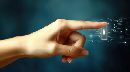 Poster - A hand pointing to digital icon that symbolizes security, Data protection Cyber Security Privacy Business Internet Technology Concept. Generative AI.