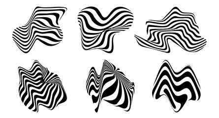 Poster - Abstract striped optical illusion shapes. White and black wavy stripes. Brutalism modern aesthetic distorted isolated elements on white background. Vector flat illustration.