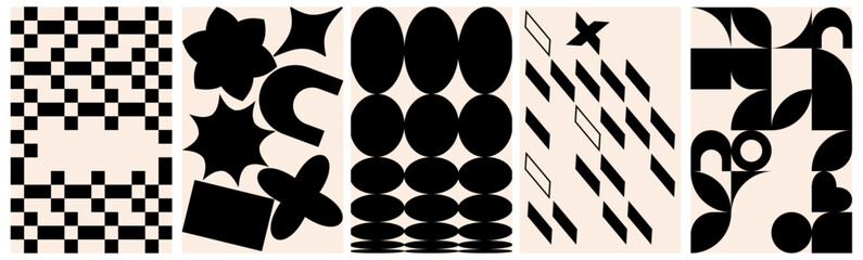 Poster - Swiss design aesthetic. Black abstract shapes backgrounds. Geometric isolated posters in trendy brutalist style. Set of seamless patterns. Flat vector illustration.