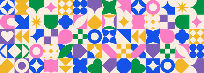 Poster - Geometric seamless pattern in bauhaus style. Colorful abstract shapes background in trendy swiss style. Flat vector illustration.