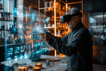 Poster - Mature businessman using VR goggles