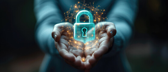Aufkleber - Digital person holding hand with a lock on the symbol to indicate security, in the style of shaped canvas, light blue. Generative AI.
