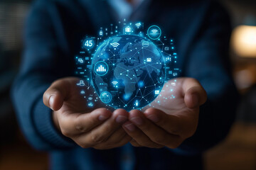 hand holding globe, digital technologies and business