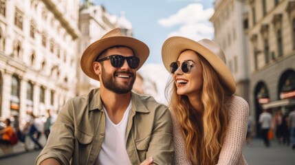 Couple enjoying a city break, smiling and sightseeing, travel and relationship concept.