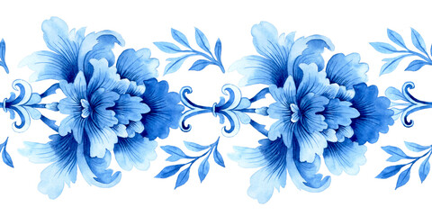  watercolor seamless border, blue damask ornament. classic vintage ornament