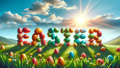  happy Easter greeting card with text from Easter eggs with on the green grass and sky background