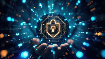 Poster - Businessman holding Shield with padlock in hand on global networking connection. Cyber Insurance. Cyber security data protection business technology privacy concept. Cyber insurance. Generative AI.