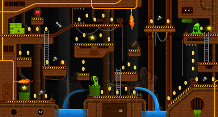 Poster - Arcade underground sewage and wastewater game level map interface. Brick platforms and golden coins, stairs, ghosts and toxic waste. Vector 2d ui canalization landscape with bonus assets and monsters