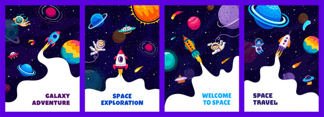 Poster - Space posters and flyers. Cartoon kid astronauts, alien characters, rocket spaceship launch and starry galaxy landscape with planets and stars. Vector cards with cute cosmonauts soar in weightlessness