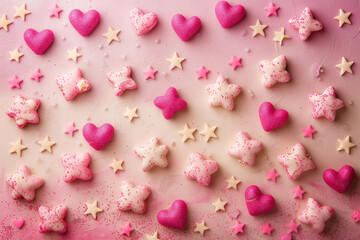 Wall Mural - Pink background with hearts, stars and copy space